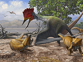 Bakonydraco und Ajkaceratops / © Sergej Krasovskiy. Verwendet mit freundlicher Genehmigung des Autors.