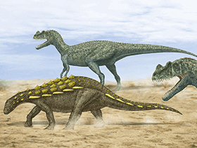 Mymoorapelta & Ceratosaurus / Peter Montgomery. Creative Commons NonCommercial-ShareAlike 2.0 Generic (CC BY-NC-SA 2.0)